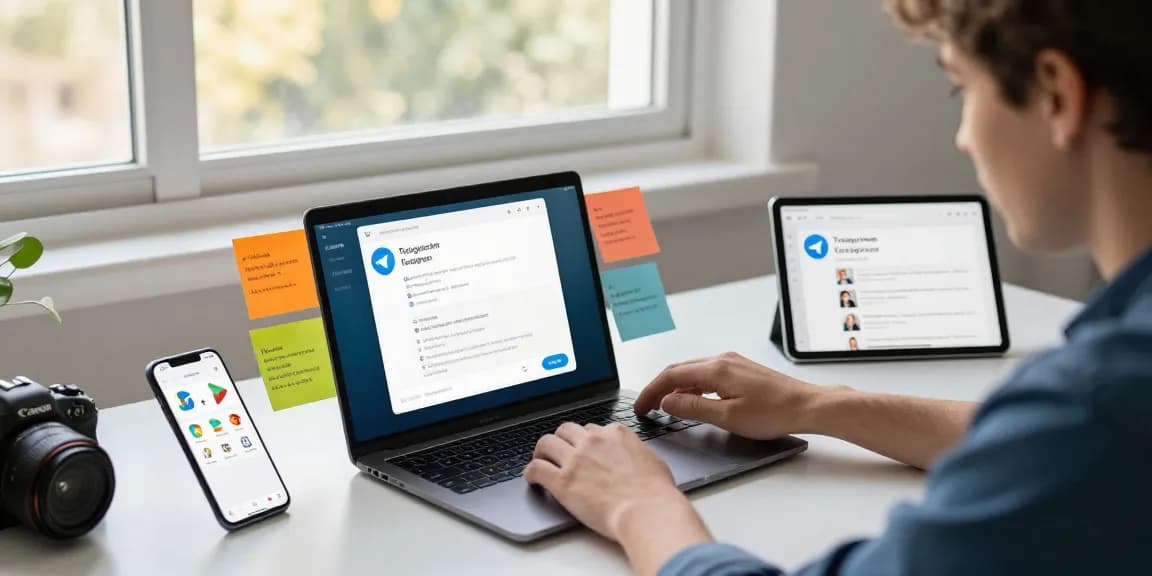 Adjusting Telegram Chinese settings on devices in a modern workspace.