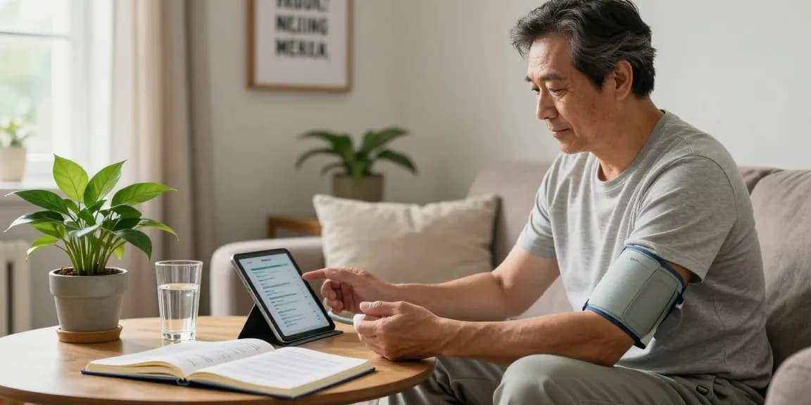 Man reviewing blood pressure device readings on tablet in cozy home setting.