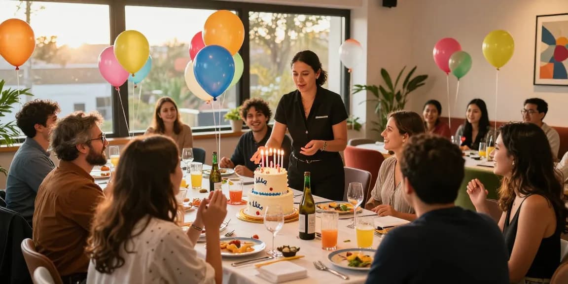 Party planner near me coordinating vibrant birthday celebrations with joyful clients in a decorated event space.