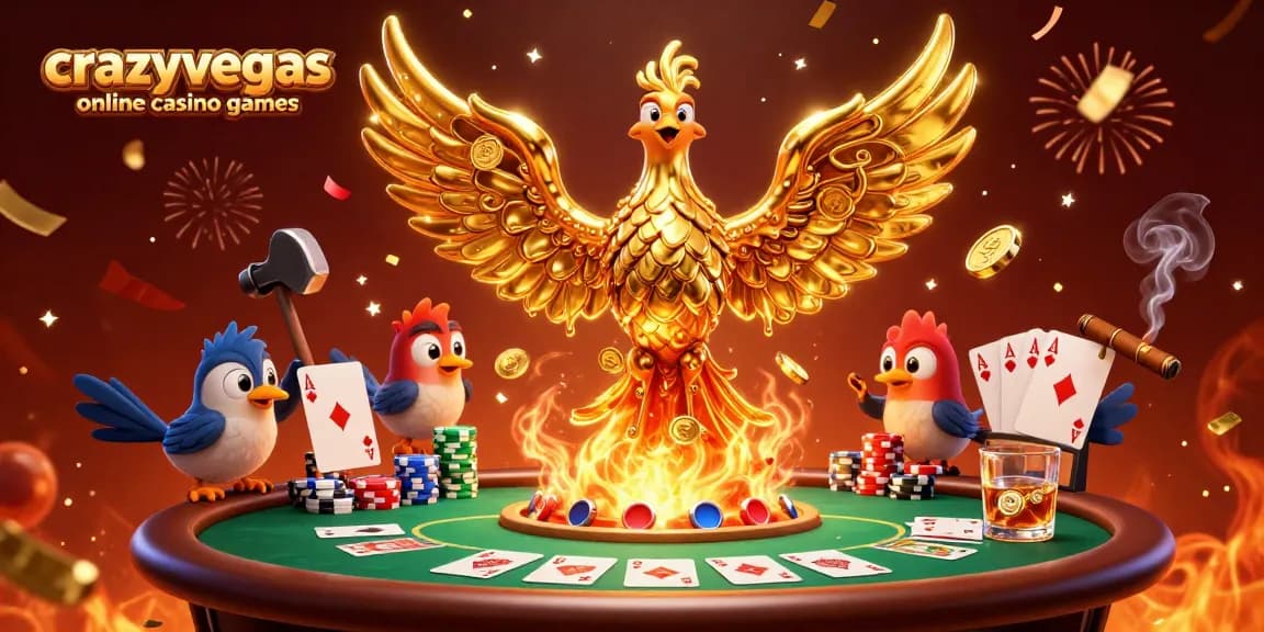 Experience the thrill of crazyvegas online casino games with a vibrant golden phoenix and poker elements.