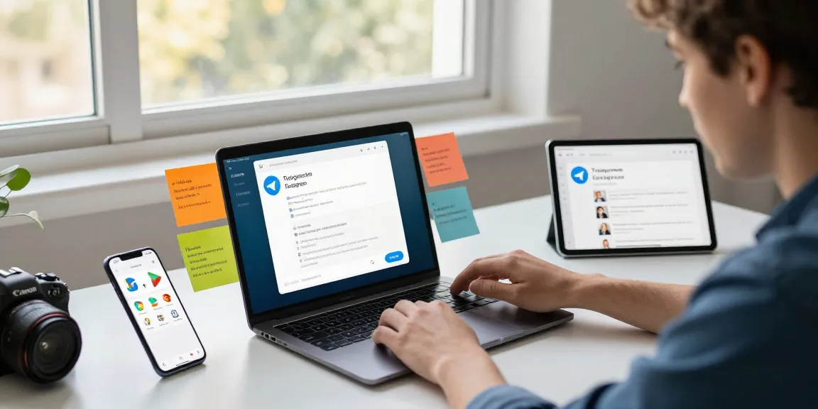 Adjusting Telegram Chinese settings on devices in a modern workspace.