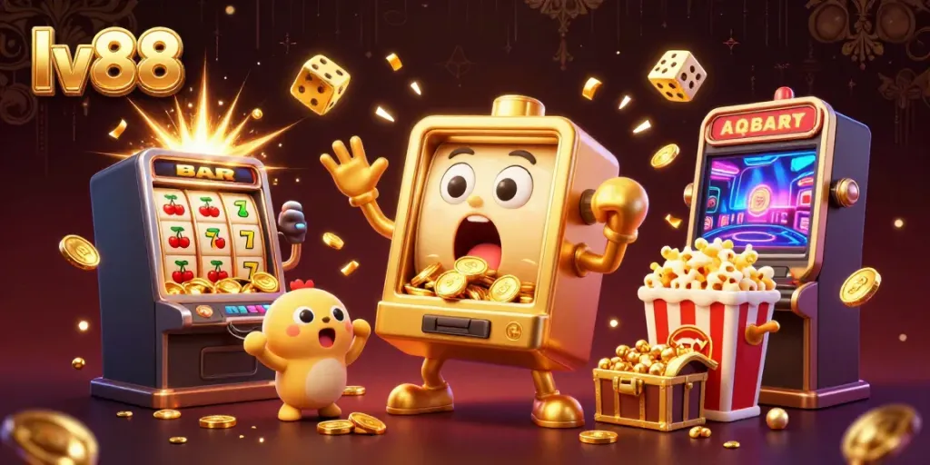 Experience the excitement of lv88 with a captivating 3D cartoon slot machine hitting the jackpot, surrounded by vibrant casino elements.