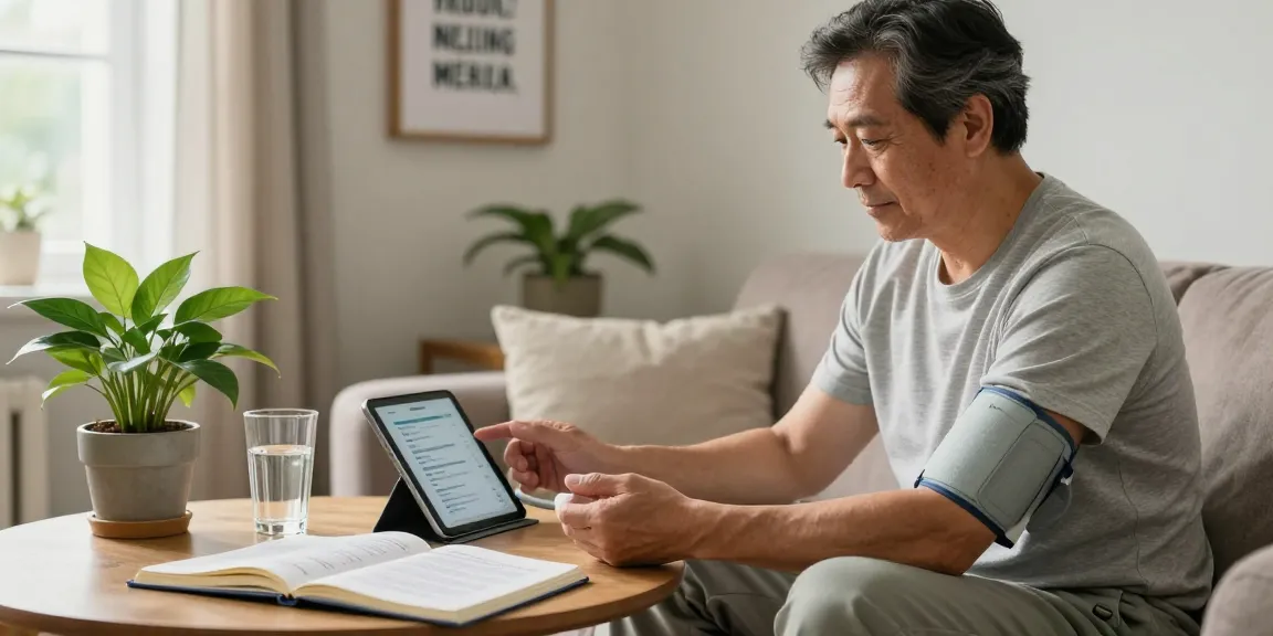 Man reviewing blood pressure device readings on tablet in cozy home setting.