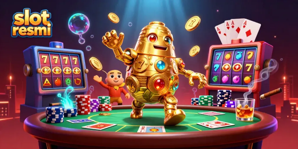 Engage with slot resmi gaming illustrated by a golden golem amidst vibrant casino elements and poker scenes.