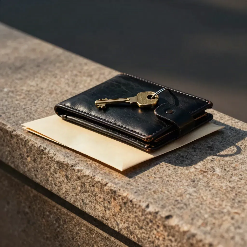 Black wallet, house key, and receipt envelope on warm stone under dramatic studio light.